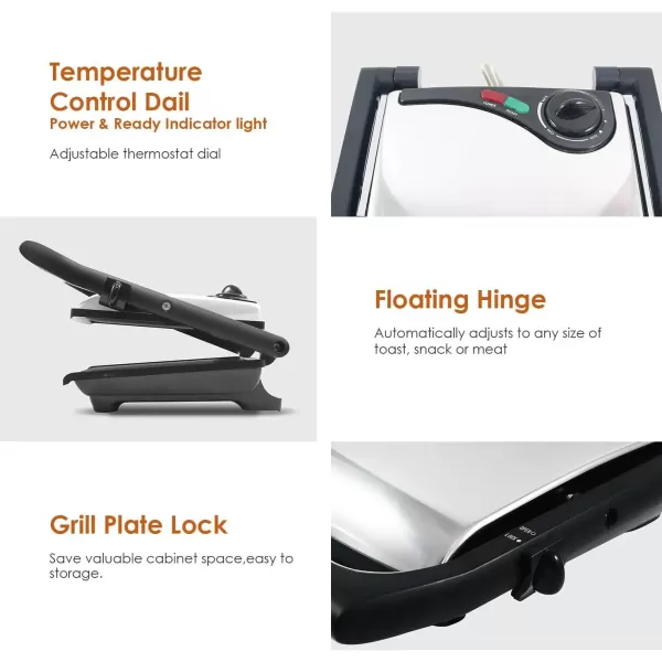 imageElite Gourmet EPN2976 2in1 Nonstick Panini Press ampamp Indoor Grill Opens 180Degree Gourmet Sandwich Maker Floating Hinge Fits All Foods Contact Grill with Removable Grease TrayStainless Steel