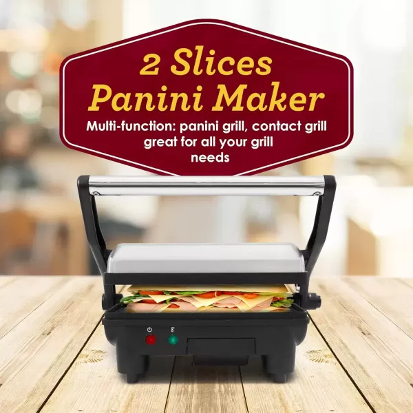 imageElite Gourmet EPN2976 2in1 Nonstick Panini Press ampamp Indoor Grill Opens 180Degree Gourmet Sandwich Maker Floating Hinge Fits All Foods Contact Grill with Removable Grease TrayStainless Steel