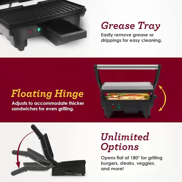 imageElite Gourmet EPN2976 2in1 Nonstick Panini Press ampamp Indoor Grill Opens 180Degree Gourmet Sandwich Maker Floating Hinge Fits All Foods Contact Grill with Removable Grease Tray Stainless Steel105 x 9