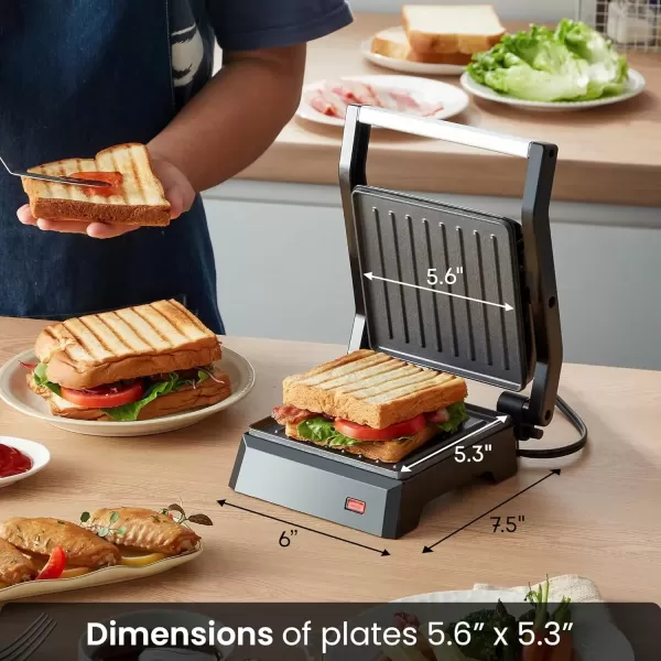 imageElite Gourmet EPN2976 2in1 Nonstick Panini Press ampamp Indoor Grill Opens 180Degree Gourmet Sandwich Maker Floating Hinge Fits All Foods Contact Grill with Removable Grease Tray Stainless Steel55 x 53