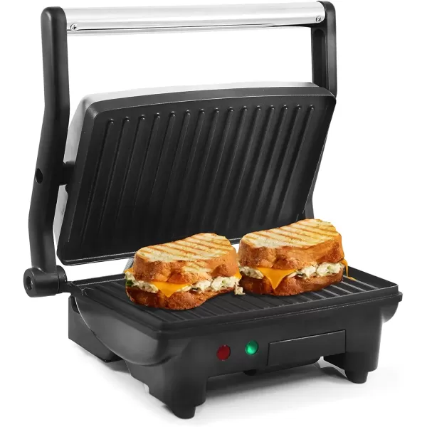 imageElite Gourmet EPN2976 2in1 Nonstick Panini Press ampamp Indoor Grill Opens 180Degree Gourmet Sandwich Maker Floating Hinge Fits All Foods Contact Grill with Removable Grease TrayStainless Steel