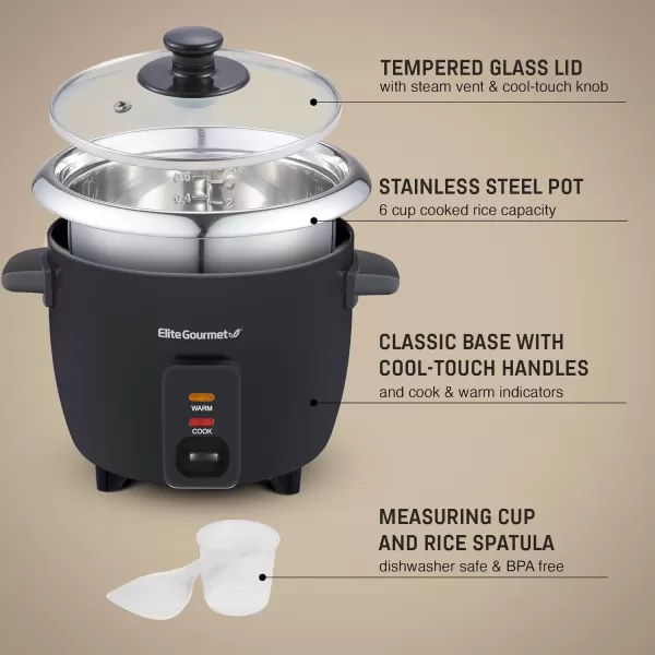 imageElite Gourmet ERC006SS 6Cup Electric Rice Cooker with 304 Surgical Grade Stainless Steel Inner Pot Makes Soups Stews Porridges Grains and Cereals 6 cup 3 cups uncooked BlackBlack