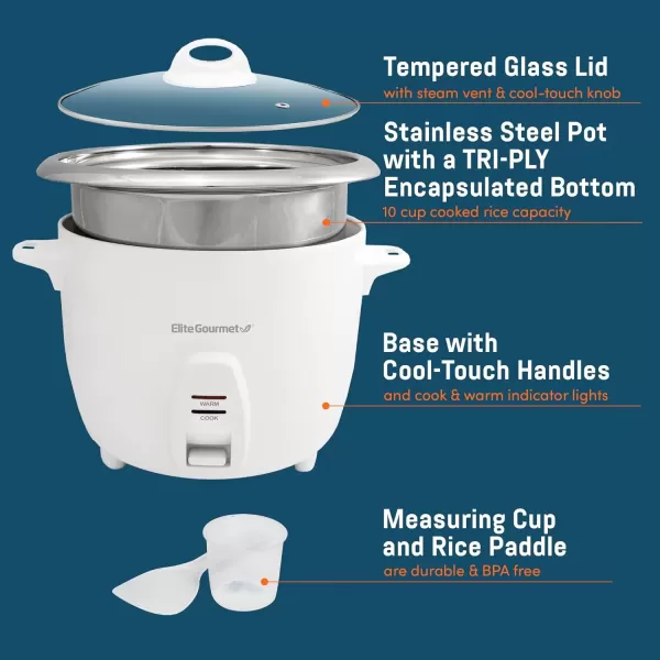 imageElite Gourmet ERC2010 Electric Rice Cooker with Stainless Steel Inner Pot Makes Soups Stews Grains Cereals Keep Warm Feature 10 Cups Cooked White