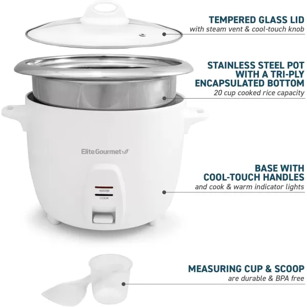 imageElite Gourmet ERC2020 Electric Rice Cooker with Stainless Steel Inner Pot Makes Soups Stews Grains Cereals Keep Warm Feature 20 Cups Cooked 10 Cups Uncooked White20 Cups Cooked  Stainless Steel