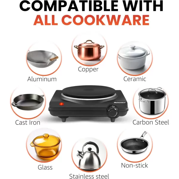 imageElite Gourmet ESB301BF Countertop Single Cast Iron Burner 1000 Watts Electric Hot Plate Temperature Controls Power Indicator Lights Easy to Clean BlackBlack