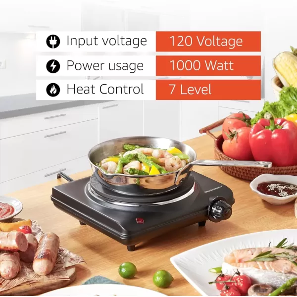 imageElite Gourmet ESB301BF Countertop Single Cast Iron Burner 1000 Watts Electric Hot Plate Temperature Controls Power Indicator Lights Easy to Clean BlackBlack