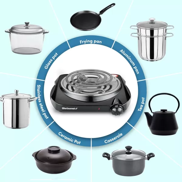 imageElite Gourmet ESB301C Countertop Single Coiled Burner 1100 Watts Electric Hot Plate Temperature Controls Power Indicator Lights Easy to Clean BlackCoiled Single