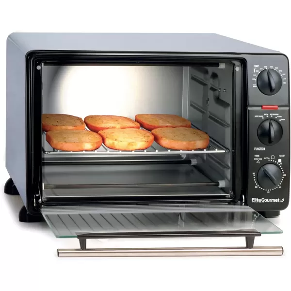 imageElite Gourmet ETO4510B French Door 475Qt 18Slice Convection Oven 4Control Knobs Bake Broil Toast Rotisserie Keep Warm Includes 2 x 14quot Pizza Racks Stainless Steel6Slice  23 L