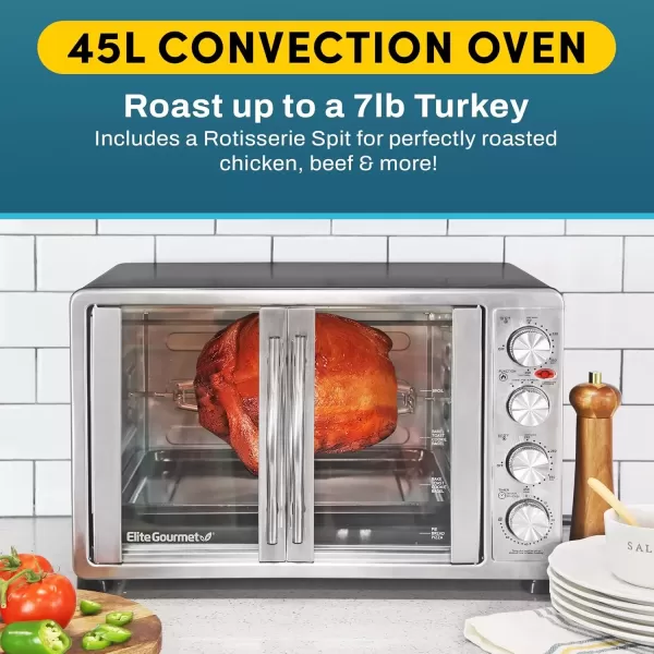 imageElite Gourmet ETO4510B French Door 475Qt 18Slice Convection Oven 4Control Knobs Bake Broil Toast Rotisserie Keep Warm Includes 2 x 14quot Pizza Racks Stainless SteelStainless Steel and Black