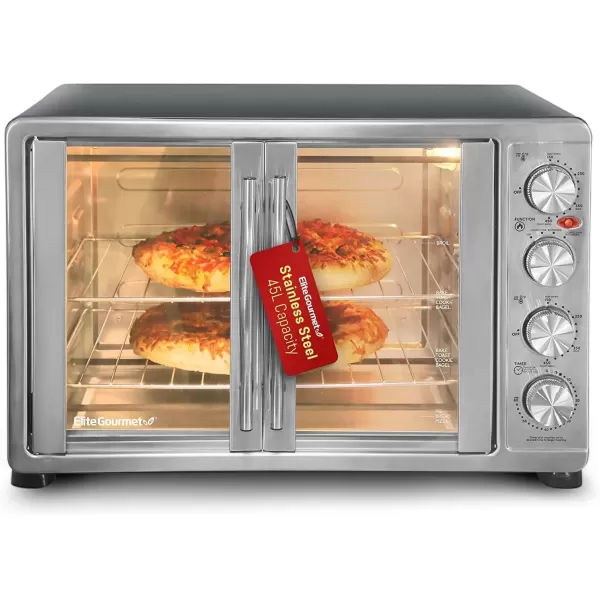 imageElite Gourmet ETO4510B French Door 475Qt 18Slice Convection Oven 4Control Knobs Bake Broil Toast Rotisserie Keep Warm Includes 2 x 14quot Pizza Racks Stainless Steel18Slice  45L