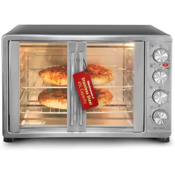 imageElite Gourmet ETO4510B French Door 475Qt 18Slice Convection Oven 4Control Knobs Bake Broil Toast Rotisserie Keep Warm Includes 2 x 14quot Pizza Racks Stainless SteelStainless Steel and Black