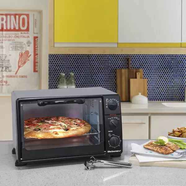 imageElite Gourmet ETO4510B French Door 475Qt 18Slice Convection Oven 4Control Knobs Bake Broil Toast Rotisserie Keep Warm Includes 2 x 14quot Pizza Racks Stainless Steel6Slice  23 L