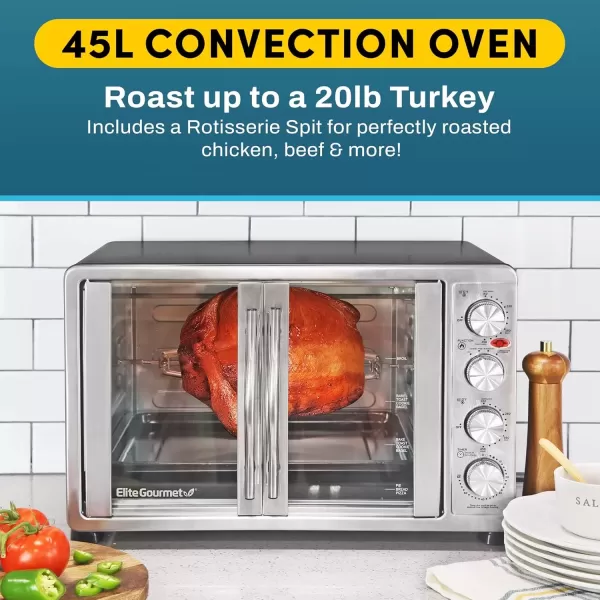 imageElite Gourmet ETO4510B French Door 475Qt 18Slice Convection Oven 4Control Knobs Bake Broil Toast Rotisserie Keep Warm Includes 2 x 14quot Pizza Racks Stainless Steel18Slice  45L
