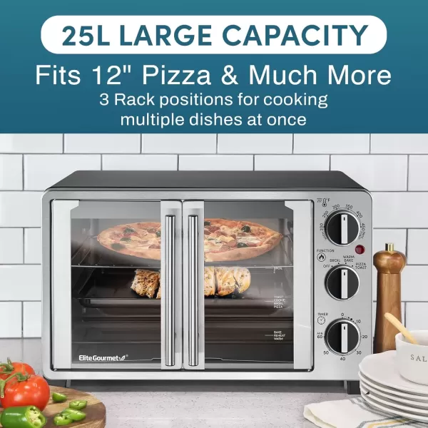 imageElite Gourmet ETO4510B French Door 475Qt 18Slice Convection Oven 4Control Knobs Bake Broil Toast Rotisserie Keep Warm Includes 2 x 14quot Pizza Racks Stainless SteelStainless Steel and Black