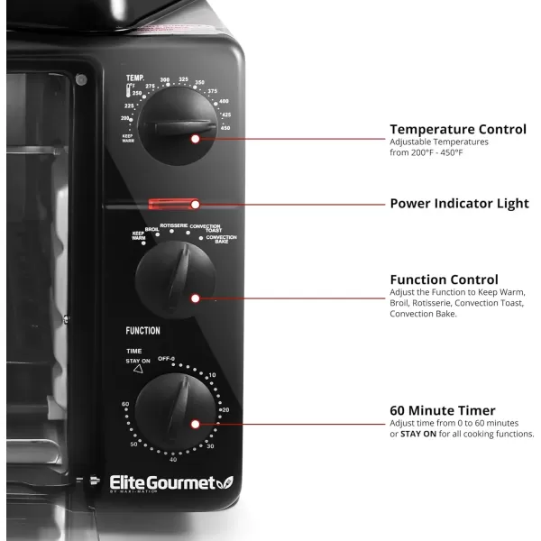 imageElite Gourmet ETO4510B French Door 475Qt 18Slice Convection Oven 4Control Knobs Bake Broil Toast Rotisserie Keep Warm Includes 2 x 14quot Pizza Racks Stainless SteelBlack