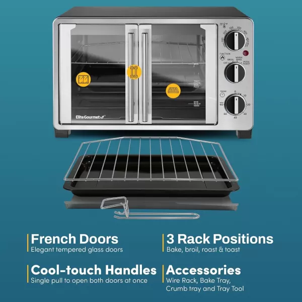 imageElite Gourmet ETO4510B French Door 475Qt 18Slice Convection Oven 4Control Knobs Bake Broil Toast Rotisserie Keep Warm Includes 2 x 14quot Pizza Racks Stainless SteelStainless Steel and Black