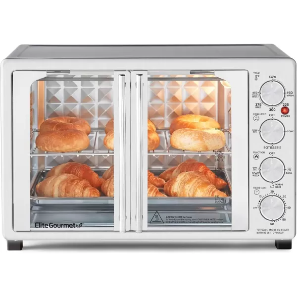 imageElite Gourmet ETO4510B French Door 475Qt 18Slice Convection Oven 4Control Knobs Bake Broil Toast Rotisserie Keep Warm Includes 2 x 14quot Pizza Racks Stainless Steel12Slice  45L