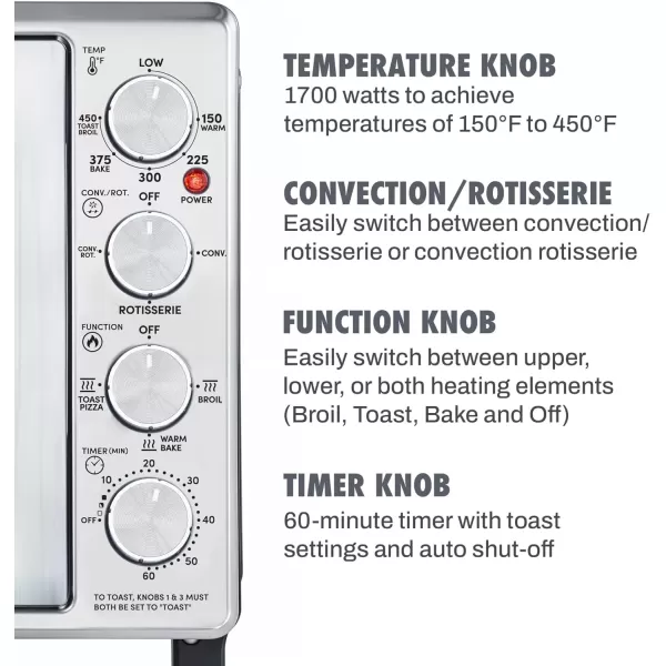 imageElite Gourmet ETO4510B French Door 475Qt 18Slice Convection Oven 4Control Knobs Bake Broil Toast Rotisserie Keep Warm Includes 2 x 14quot Pizza Racks Stainless Steel12Slice  45L