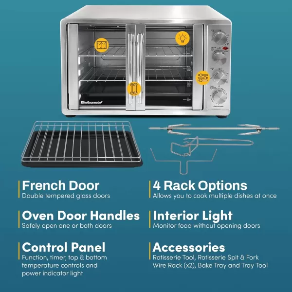 imageElite Gourmet ETO4510B French Door 475Qt 18Slice Convection Oven 4Control Knobs Bake Broil Toast Rotisserie Keep Warm Includes 2 x 14quot Pizza Racks Stainless Steel18Slice  45L
