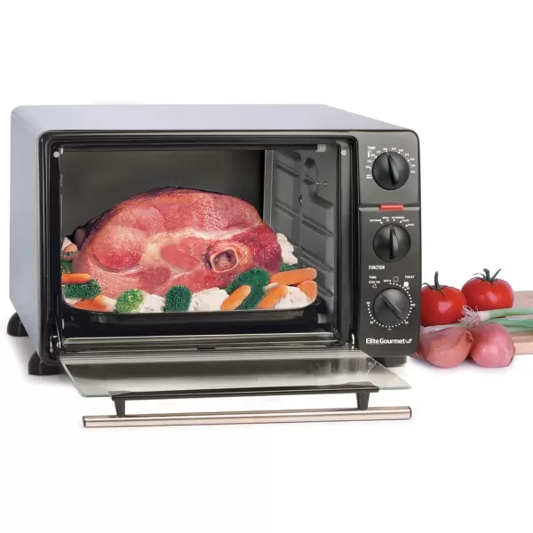 imageElite Gourmet ETO4510B French Door 475Qt 18Slice Convection Oven 4Control Knobs Bake Broil Toast Rotisserie Keep Warm Includes 2 x 14quot Pizza Racks Stainless Steel6Slice  23 L