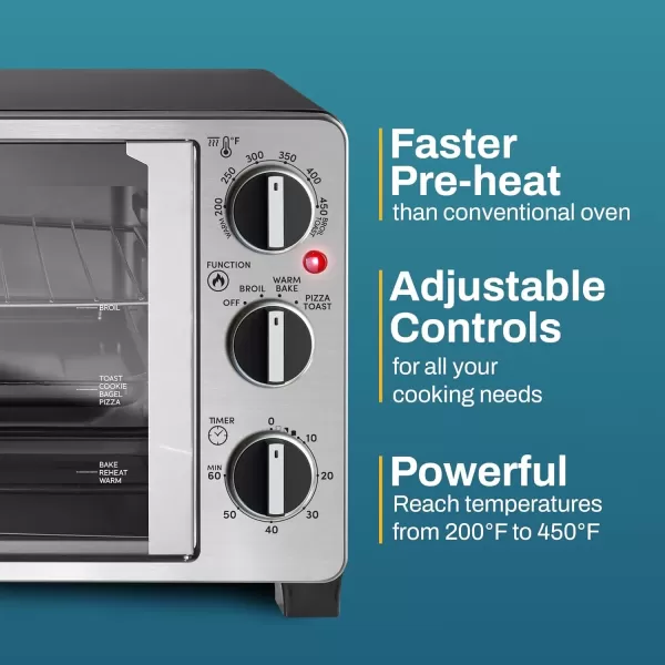 imageElite Gourmet ETO4510B French Door 475Qt 18Slice Convection Oven 4Control Knobs Bake Broil Toast Rotisserie Keep Warm Includes 2 x 14quot Pizza Racks Stainless SteelStainless Steel and Black