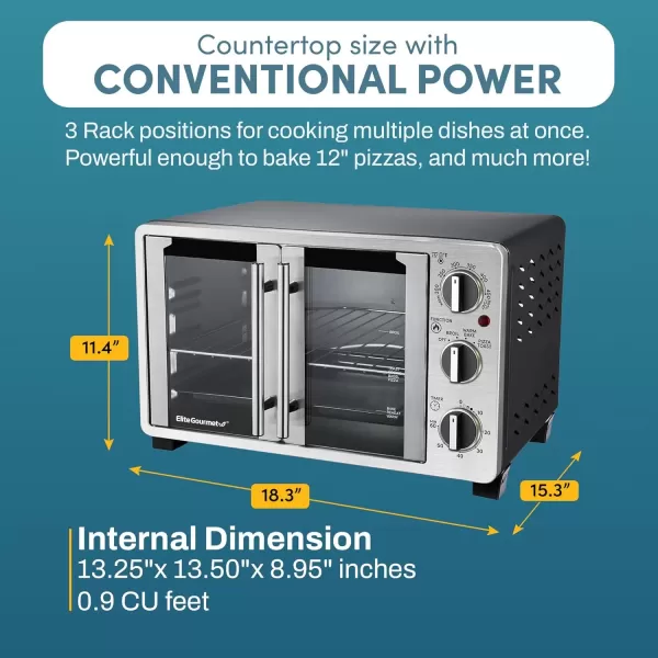 imageElite Gourmet ETO4510B French Door 475Qt 18Slice Convection Oven 4Control Knobs Bake Broil Toast Rotisserie Keep Warm Includes 2 x 14quot Pizza Racks Stainless SteelStainless Steel and Black