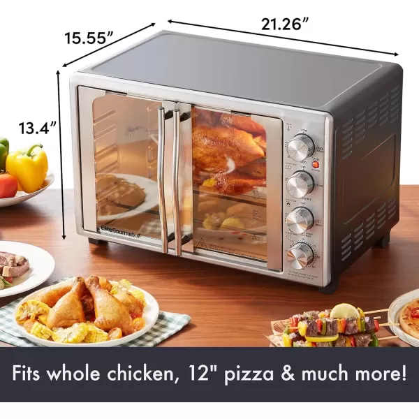 imageElite Gourmet ETO4510B French Door 475Qt 18Slice Convection Oven 4Control Knobs Bake Broil Toast Rotisserie Keep Warm Includes 2 x 14quot Pizza Racks Stainless Steel12Slice  45L