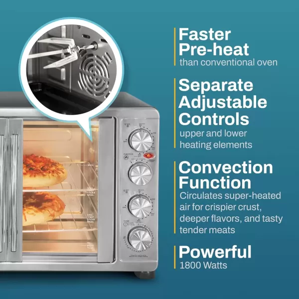 imageElite Gourmet ETO4510B French Door 475Qt 18Slice Convection Oven 4Control Knobs Bake Broil Toast Rotisserie Keep Warm Includes 2 x 14quot Pizza Racks Stainless Steel18Slice  45L