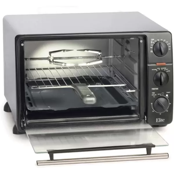 imageElite Gourmet ETO4510B French Door 475Qt 18Slice Convection Oven 4Control Knobs Bake Broil Toast Rotisserie Keep Warm Includes 2 x 14quot Pizza Racks Stainless SteelStainless Steel