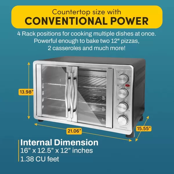 imageElite Gourmet ETO4510B French Door 475Qt 18Slice Convection Oven 4Control Knobs Bake Broil Toast Rotisserie Keep Warm Includes 2 x 14quot Pizza Racks Stainless Steel18Slice  45L