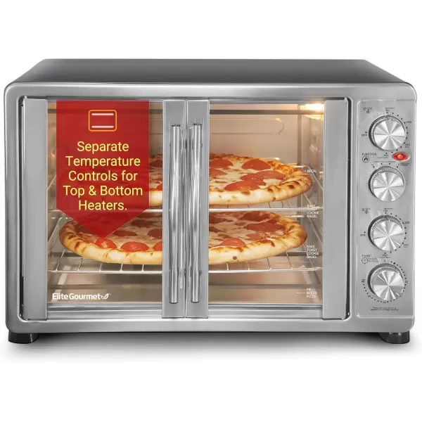 imageElite Gourmet ETO4510M French Door 475Qt 18Slice Convection Oven 4Control Knobs Bake Broil Toast Rotisserie Keep Warm Includes 2 x 14quot Pizza Racks Stainless Steel18Slice  45L