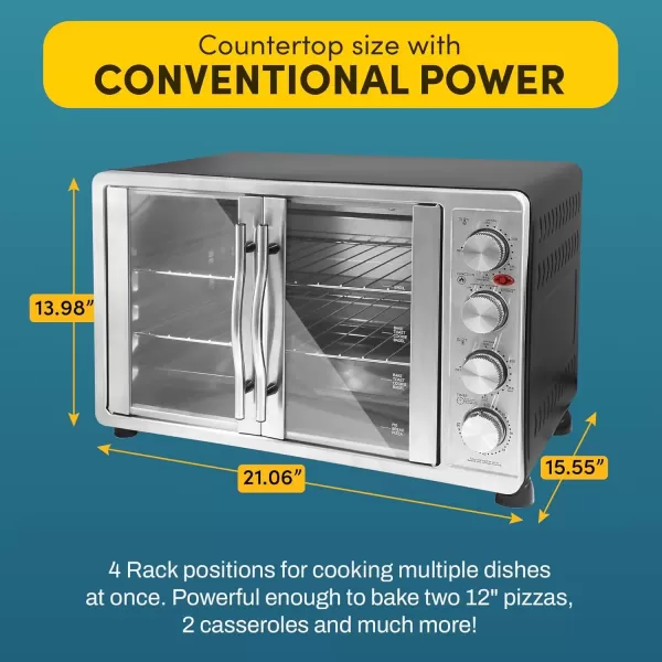imageElite Gourmet ETO4510M French Door 475Qt 18Slice Convection Oven 4Control Knobs Bake Broil Toast Rotisserie Keep Warm Includes 2 x 14quot Pizza Racks Stainless Steel18Slice  45L