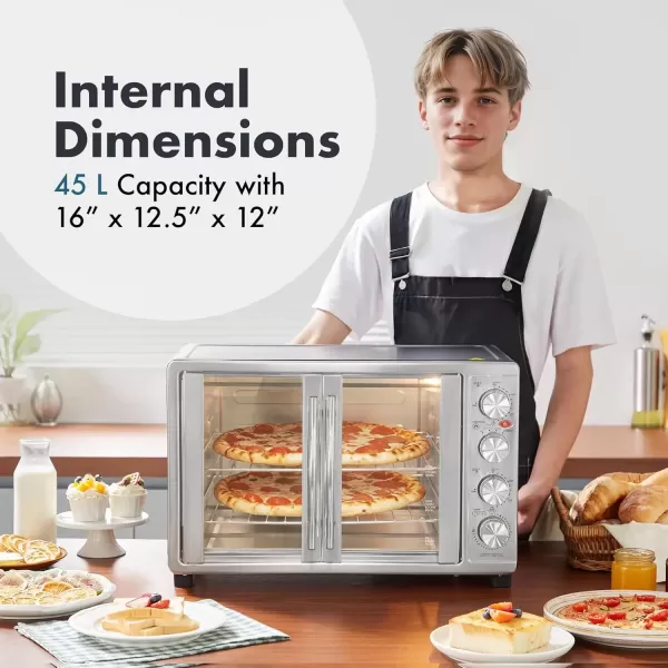 imageElite Gourmet ETO4510M French Door 475Qt 18Slice Convection Oven 4Control Knobs Bake Broil Toast Rotisserie Keep Warm Includes 2 x 14quot Pizza Racks Stainless Steel18Slice  45L