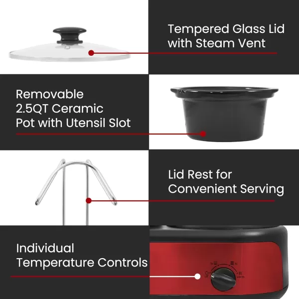 imageElite Gourmet EWMST325R MaxiMatic Triple Slow Cooker Buffet Server Adjustable Temp DishwasherSafe Oval Ceramic Pots Lid Rests 3 x 25 Qt Capacity RedRed