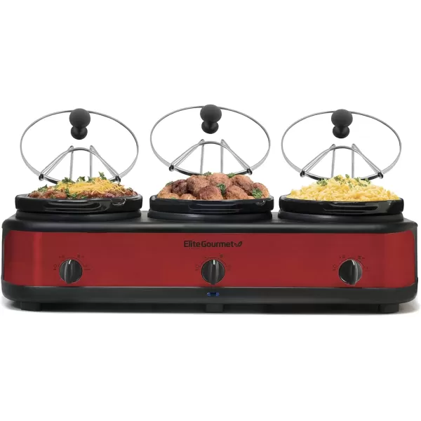 imageElite Gourmet EWMST325R MaxiMatic Triple Slow Cooker Buffet Server Adjustable Temp DishwasherSafe Oval Ceramic Pots Lid Rests 3 x 25 Qt Capacity RedRed