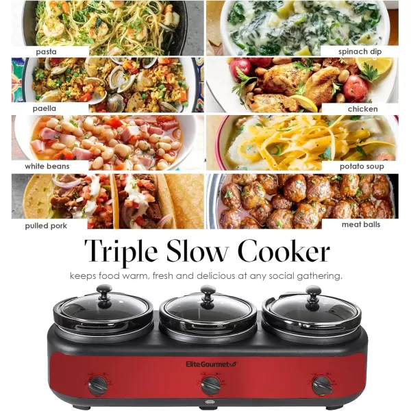 imageElite Gourmet EWMST325R MaxiMatic Triple Slow Cooker Buffet Server Adjustable Temp DishwasherSafe Oval Ceramic Pots Lid Rests 3 x 25 Qt Capacity RedRed