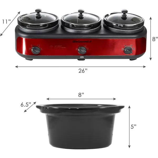 imageElite Gourmet EWMST325R MaxiMatic Triple Slow Cooker Buffet Server Adjustable Temp DishwasherSafe Oval Ceramic Pots Lid Rests 3 x 25 Qt Capacity RedRed