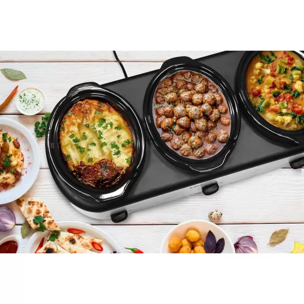 imageElite Gourmet EWMST325R MaxiMatic Triple Slow Cooker Buffet Server Adjustable Temp DishwasherSafe Oval Ceramic Pots Lid Rests 3 x 25 Qt Capacity RedStainless Steel