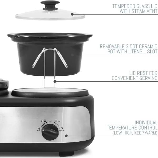 imageElite Gourmet EWMST325R MaxiMatic Triple Slow Cooker Buffet Server Adjustable Temp DishwasherSafe Oval Ceramic Pots Lid Rests 3 x 25 Qt Capacity RedStainless Steel