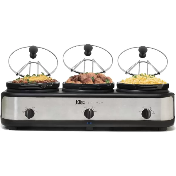 imageElite Gourmet EWMST325R MaxiMatic Triple Slow Cooker Buffet Server Adjustable Temp DishwasherSafe Oval Ceramic Pots Lid Rests 3 x 25 Qt Capacity RedStainless Steel