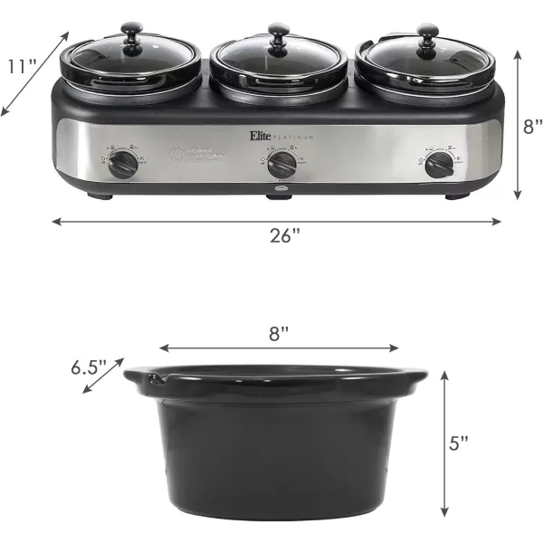 imageElite Gourmet EWMST325R MaxiMatic Triple Slow Cooker Buffet Server Adjustable Temp DishwasherSafe Oval Ceramic Pots Lid Rests 3 x 25 Qt Capacity RedStainless Steel