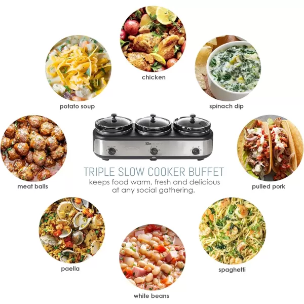imageElite Gourmet EWMST325R MaxiMatic Triple Slow Cooker Buffet Server Adjustable Temp DishwasherSafe Oval Ceramic Pots Lid Rests 3 x 25 Qt Capacity RedStainless Steel