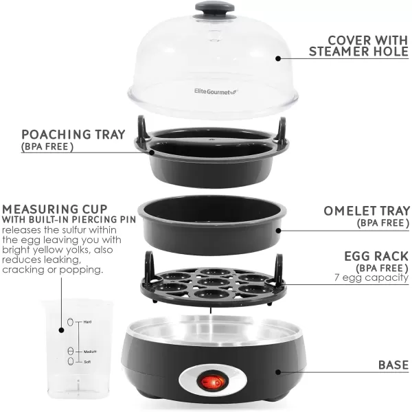 imageElite Gourmet Easy Electric 7 Egg Capacity Cooker Poacher Omelet Maker Scrambled Soft Medium Hard Boiled with Auto ShutOff and Buzzer BPA Free Charcoal GreyCharcoal Grey
