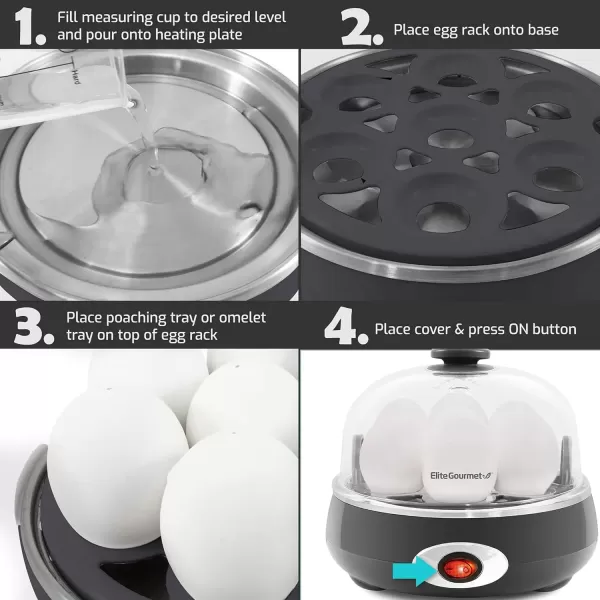 imageElite Gourmet Easy Electric 7 Egg Capacity Cooker Poacher Omelet Maker Scrambled Soft Medium Hard Boiled with Auto ShutOff and Buzzer BPA Free Charcoal GreyCharcoal Grey
