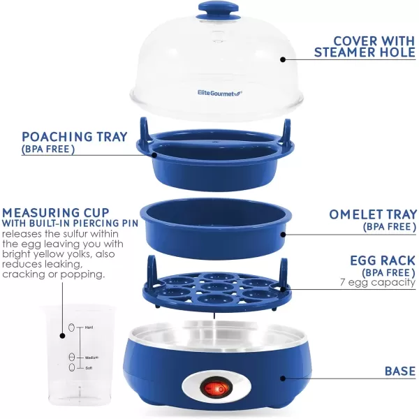 imageElite Gourmet Easy Electric 7 Egg Capacity Cooker Poacher Omelet Maker Scrambled Soft Medium Hard Boiled with Auto ShutOff and Buzzer BPA Free Charcoal GreyBlue