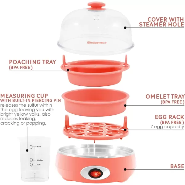 imageElite Gourmet Easy Electric 7 Egg Capacity Cooker Poacher Omelet Maker Scrambled Soft Medium Hard Boiled with Auto ShutOff and Buzzer BPA Free Charcoal GreyCoral