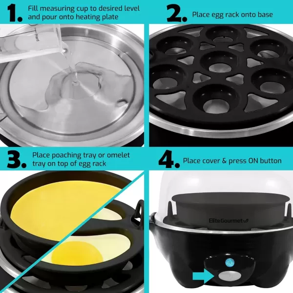 imageElite Gourmet Easy Electric 7 Egg Capacity Cooker Poacher Omelet Maker Scrambled Soft Medium Hard Boiled with Auto ShutOff and Buzzer BPA FreeBlack