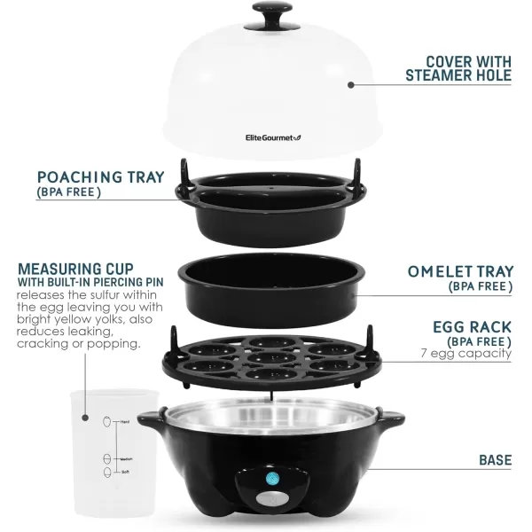 imageElite Gourmet Easy Electric 7 Egg Capacity Cooker Poacher Omelet Maker Scrambled Soft Medium Hard Boiled with Auto ShutOff and Buzzer BPA FreeBlack