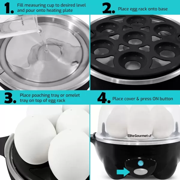imageElite Gourmet Easy Electric 7 Egg Capacity Cooker Poacher Omelet Maker Scrambled Soft Medium Hard Boiled with Auto ShutOff and Buzzer BPA FreeBlack