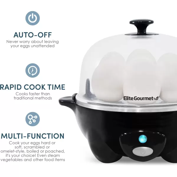 imageElite Gourmet Easy Electric 7 Egg Capacity Cooker Poacher Omelet Maker Scrambled Soft Medium Hard Boiled with Auto ShutOff and Buzzer BPA FreeBlack